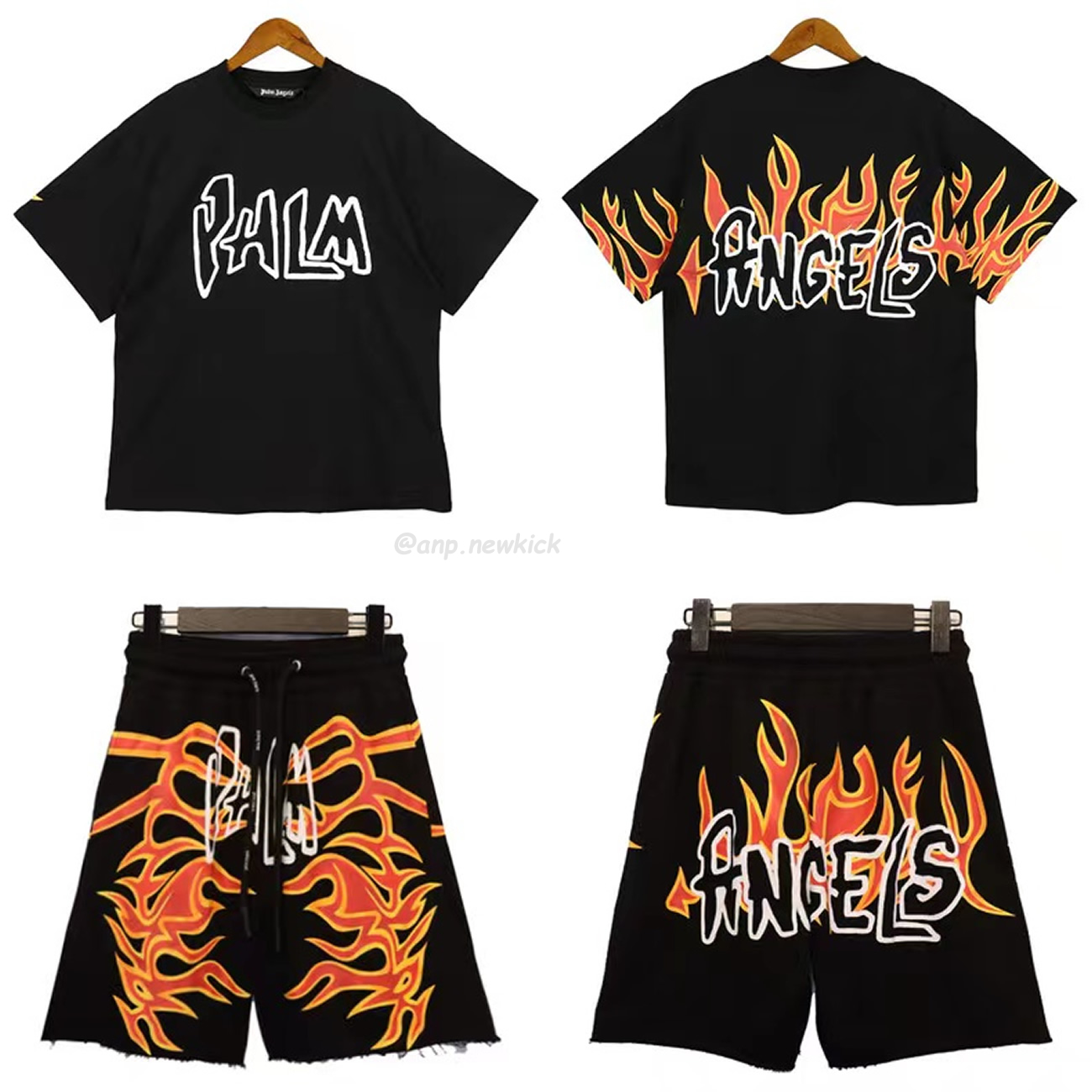 Palm Angels Graffiti Flame T Shirt Shorts Black White (6) - www.newkick.vip